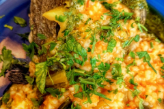 Casa Gaïa: Hauptspeise "Retour de Pêche":  Merlan im Holzofen gegrillt mit Reis, Tomaten und Kräutern
