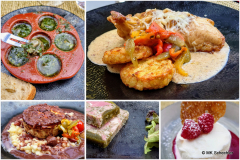 Mittag im Restaurant "Val D'Or" mit Burgunderschnecken, Gebratene Hähnchenbrust mit Comté,  Forellenmousseline mit Nudelrisotto und Rotweisauce, Schinken-Petersilie-Terrine,  Eissoufflé mit Marc de Bourgogne