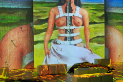 Das Herzstück der Ausstellung ist der große Showroom. Mit riesigen Rundumprojektionen werden die oft kleinformatigen Werke Kahlos auf bis zu zehn Meter Breite und über fünf Meter Höhe vergrößert. 