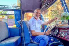 Unser Redakteur am Steuer des Weltmeisterbuses